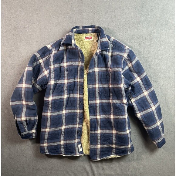 Wrangler Shirt Jacket Medium Sherpa Lined Flannel Plaid Western Pockets Shacket - Picture 1 of 5
